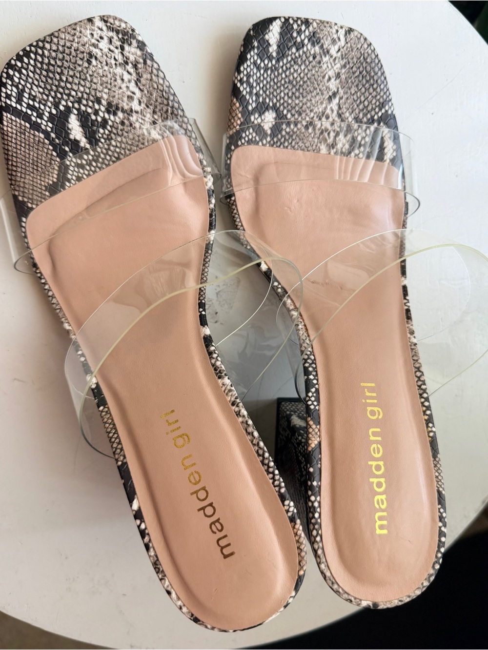 Madden Girl Clear Strap Snake-Print Block Heel Sandals in Brown and Black